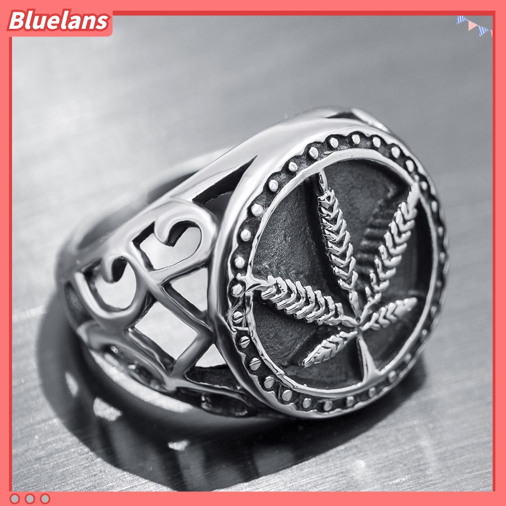 Bluelans Cincin Desain Daun Hollow Bahan Stainless Steel Gaya Punk Untuk Pria