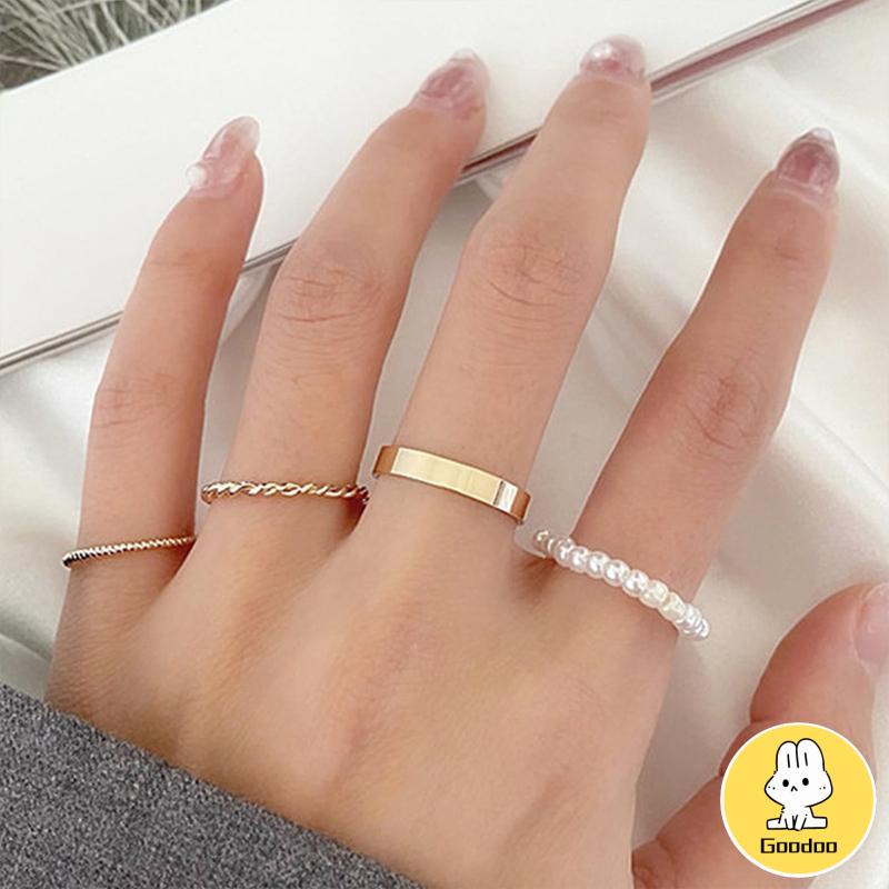 Korea Wanita Mutiara Cincin Wanita Emas Cincin Logam Set Fashion Perhiasan Aksesoris -Doo