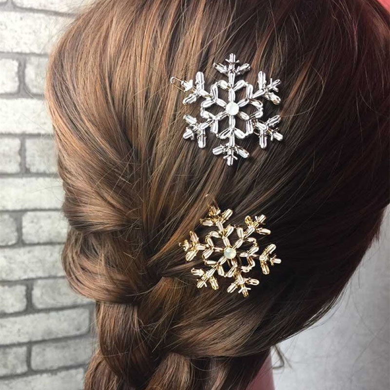 Siy 2pcs / Set Jepit Rambut Motif Snowflake Aksen Kristal + Berlian Imitasi Untuk Aksesoris Wanita