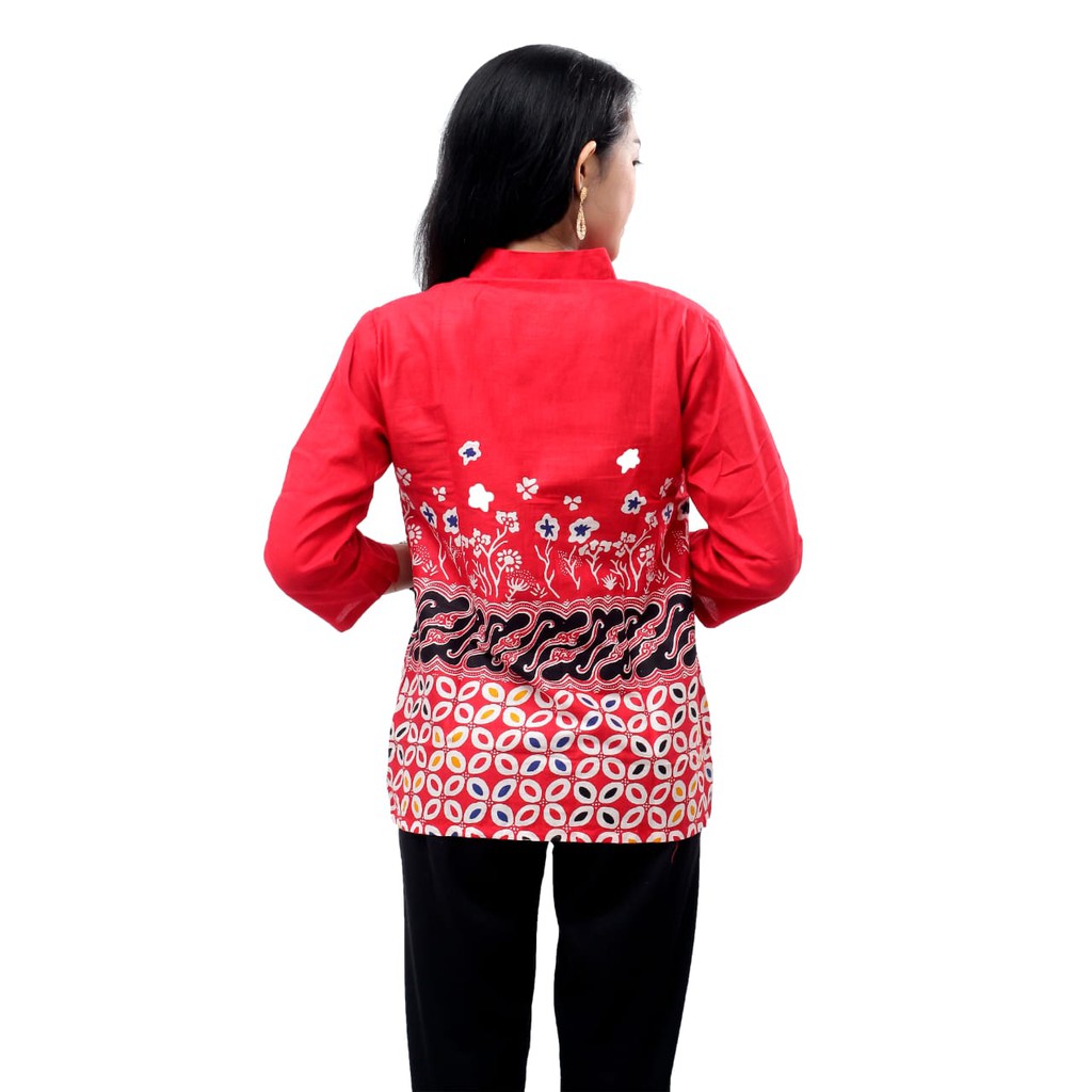 Batik Wanita Atasan Blouse Lengan Panjang Kancing Depan merah-kuning-biru-hitam