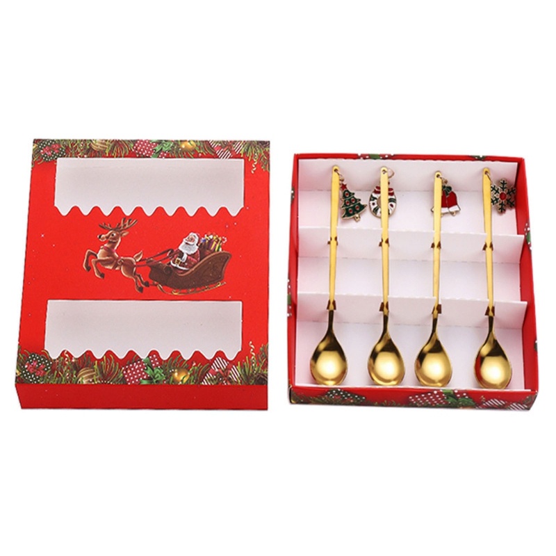 Sendok Kopi Dessert Bahan Stainless Steel Tema Natal 4 Warna