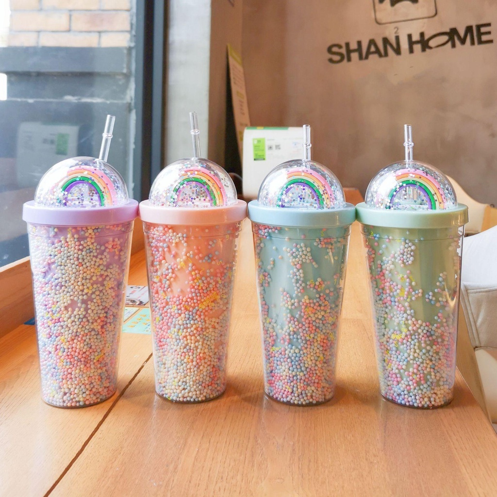 R-FLOWER Gelas Air 550ML Jus Kopi Manik Warna Warni Plastik Sippy Cup Rainbow