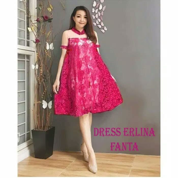 [DRESS ERLINA FANTA SL]Dress wanita brukat pink fanta