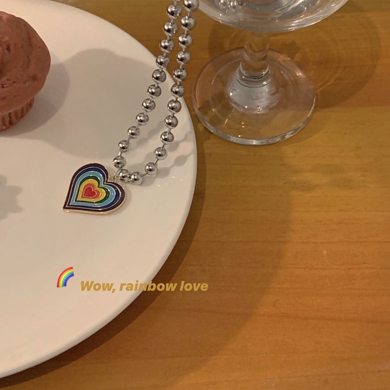 Rainbow Heart Shape Necklace Sweet Korean Style Simple Chain Women Jewelry Fashion Accessories