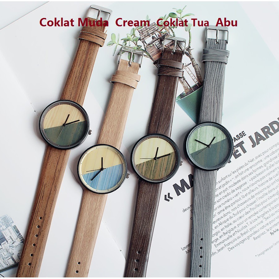 Jam Tangan Pria Wanita Bulat MOTIF KULIT KAYU Strap Kulit Vintage Korea Fashion Analog Women Watches