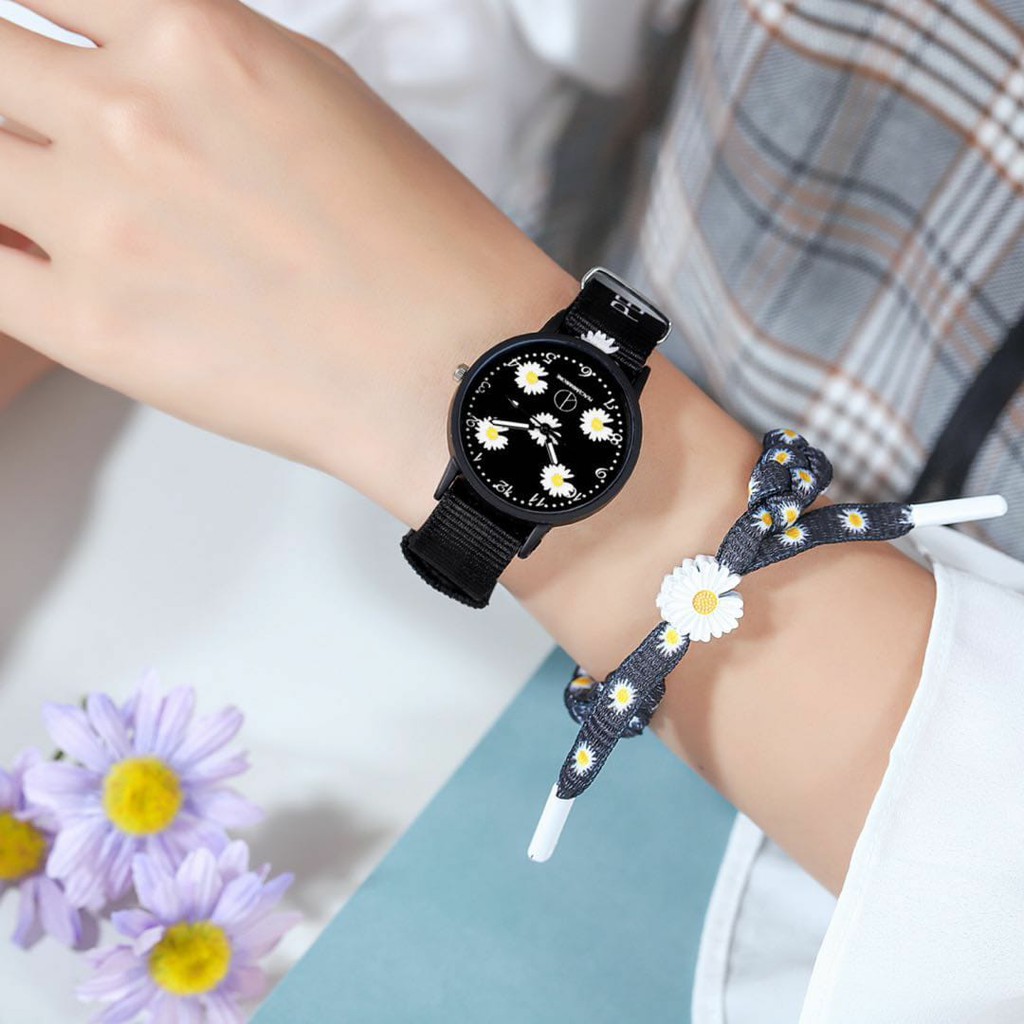 [COD] Jam Tangan Wanita Quartz Analog Motif Bunga Daisy Bahan Nilon Kanvas Untuk Wanita Watch