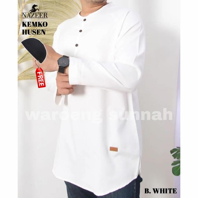Baju Koko Pria Putih Lengan Panjang Kemko Husen Free Peci