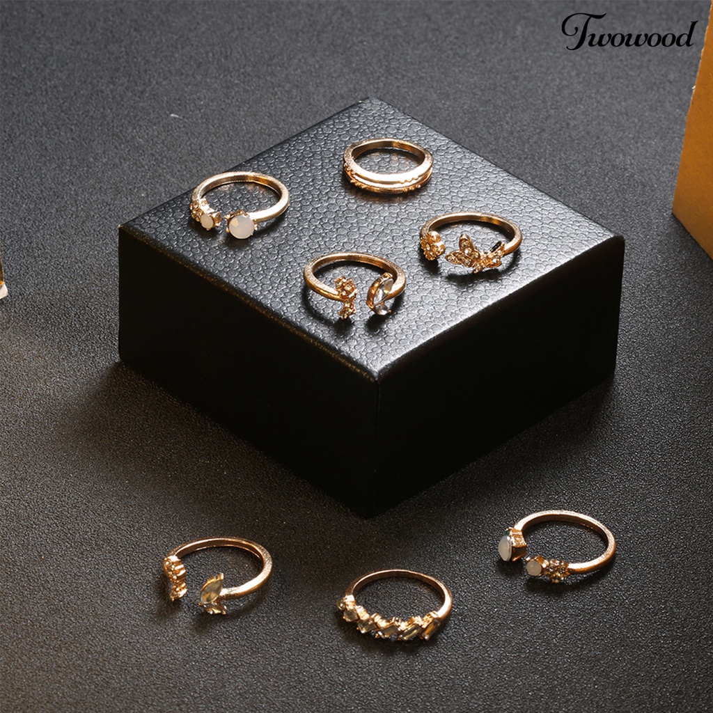 Twowood 7Pcs Elegant Opening Ring Shiny Rhinestones Wear-resistant Female Temperament Finger Ring for Decoration