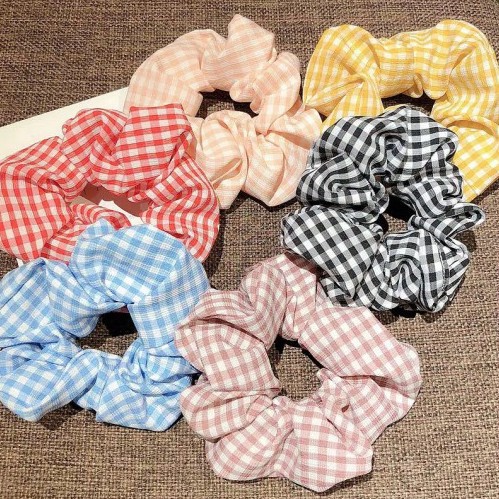 T&amp;Y Ikat Rambut scrunchie Elastis Motif Kotak Garis Bahan Katun Gaya Korea Isi 3 Pcs Free Pouch