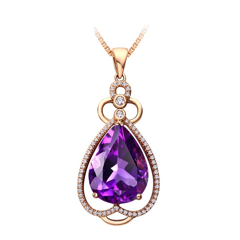 [Ready Stock]Stylish Water Drop Pear-Shaped Amethyst Pendant 18K Rose Gold Plated Diamond-Studded Necklace