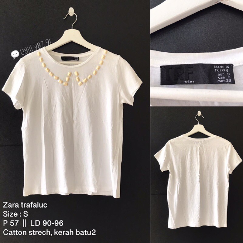 zara kaos putih polos kerah manik manik batu