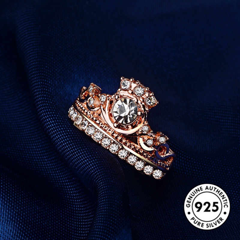 Cincin Bentuk Mahkota Aksen Berlian Bahan S925 Silver Untuk Pasangan