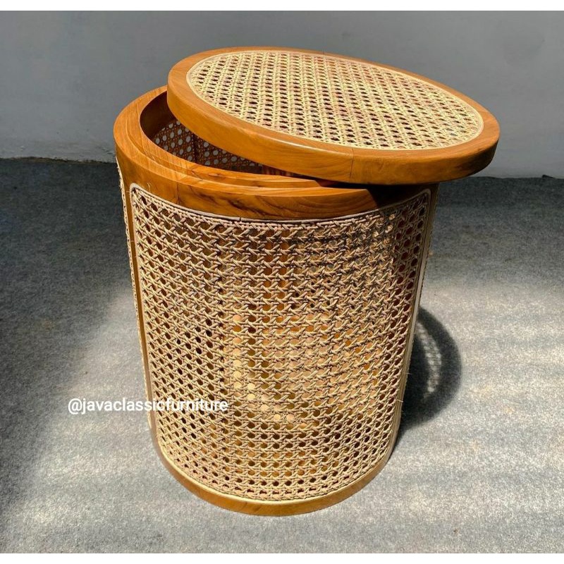 ROUND STORAGE TEMPAT PENYIMPANAN SERBAGUNA ESTETIK NAKAS RETRO ROTAN BULAT BAHAN KAYU JATI MIX ROTTAN UNIK VINTAGE