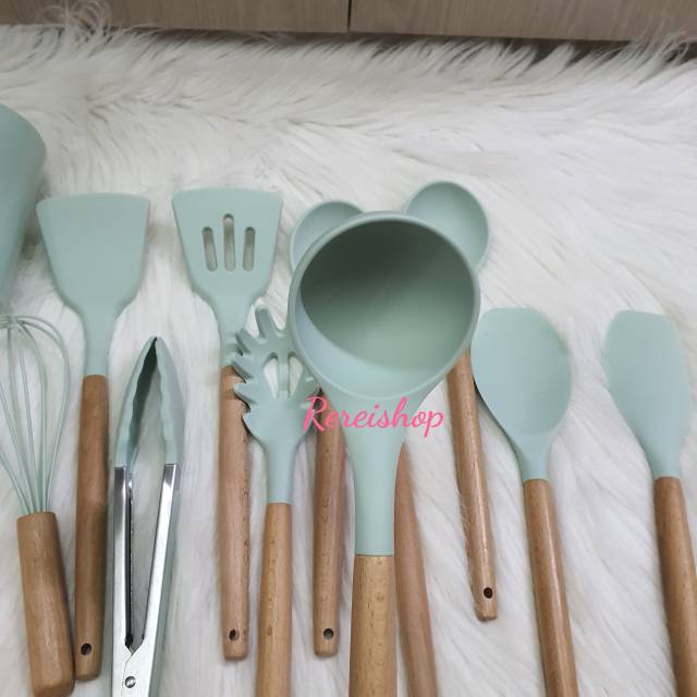 12pcs cooking utensil spatula set with wooden handle /alat masak silikon sutil centong whisk tongs