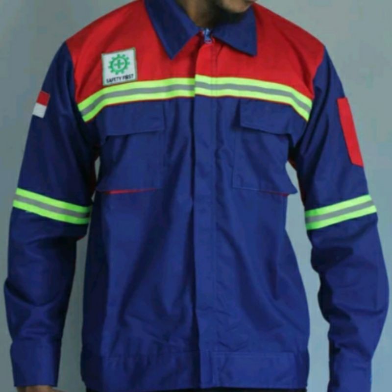 BAJU SAFETY FREE LOGO BORDIR K3 BENDERA MERAH KOMBINASI BIRU KAIN DRILL ATASAN SCOTLIGHT HIJAU WEARP