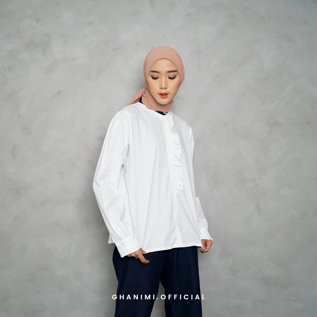 Ghanimi - Merisa Shirt / Kemeja Panjang Basic Wanita / kemeja kerja casual formal lengan panjang wudhu friendly / atasan kemeja kancing ruffle polos simple murah