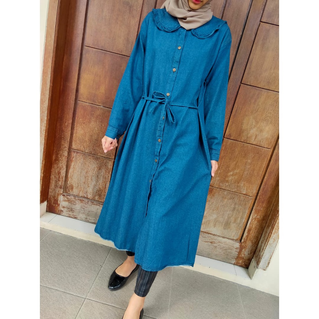 Midi dress jeans washed matrial jeans wash bahan lembut adem original