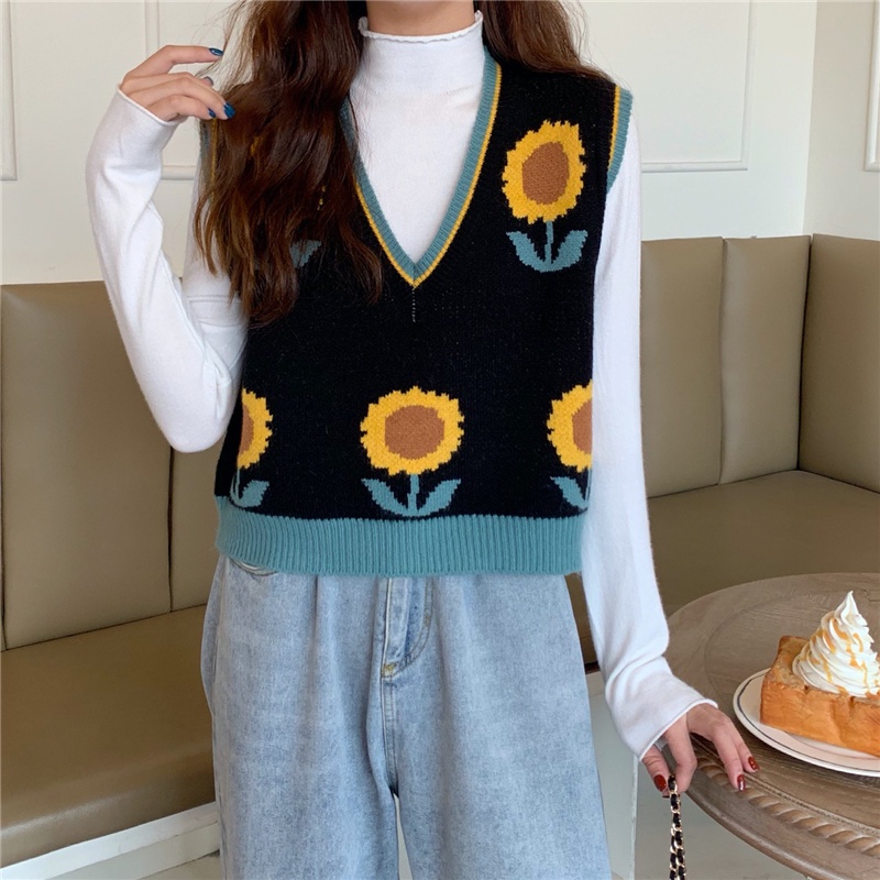 Wanita Sleeveless V-neck Sunflower Bunga Rajutan Vest Sweater tanpa lengan