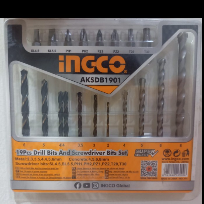 Mata Bor set 19pcs INGCO AKSDB1901 Besi Beton Obeng Metal Screw Skrup