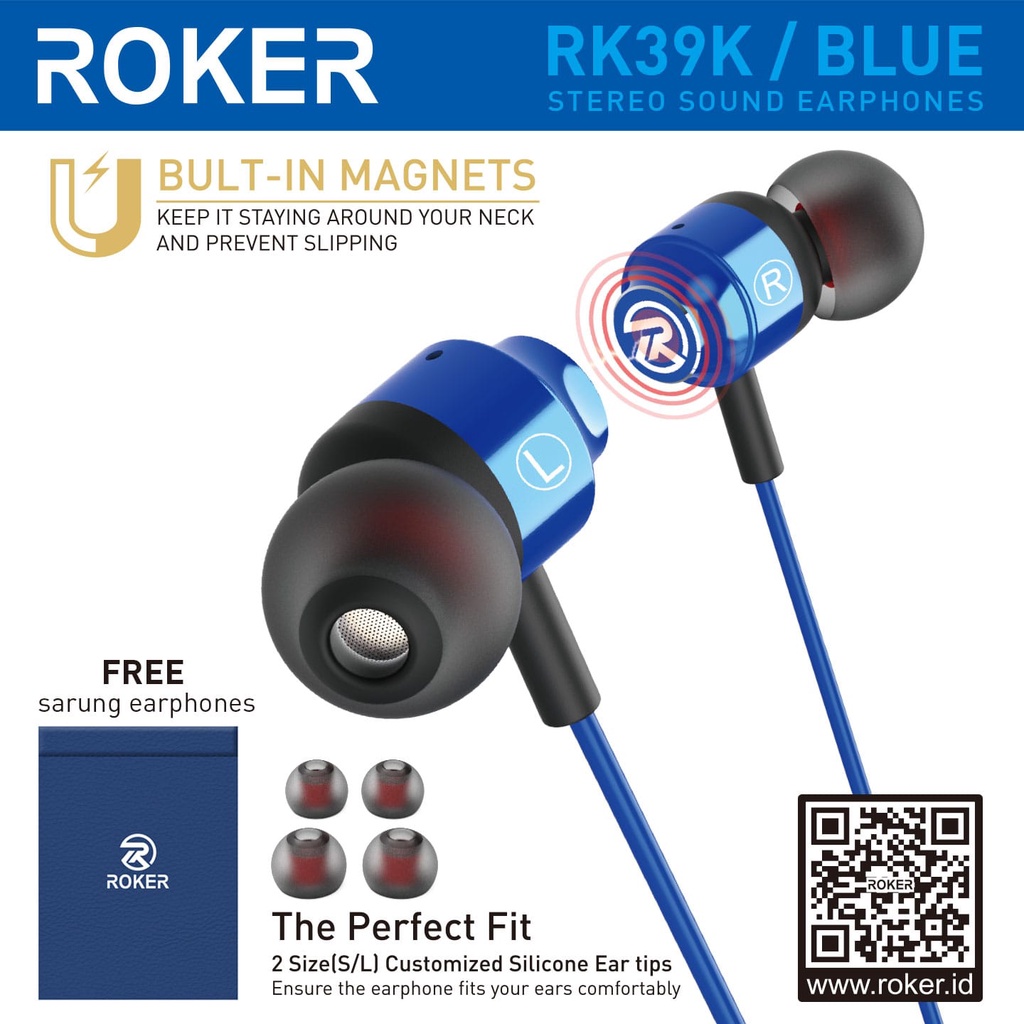 Headset Roker Onyx RK52K Blue RK39K Handsfree Built-In Magnet Stereo Sound