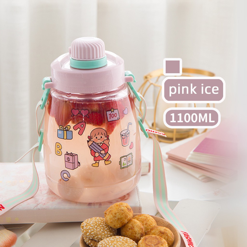 Botol Minum Anak Desain Unik Variasi Motif Karakter terdapat Sedotan BPA FREE bottol minum sedotan cangkir jerami cangkir plastik lucu cangkir kartun portabel 480ML 1000ML-Pink ice 1100 ml