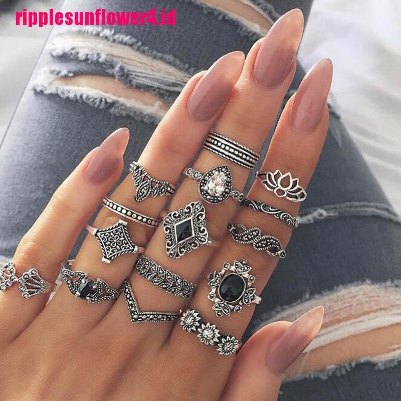 15pcs / set Cincin Gaya Vintage Punk Gothic Untuk Wanita