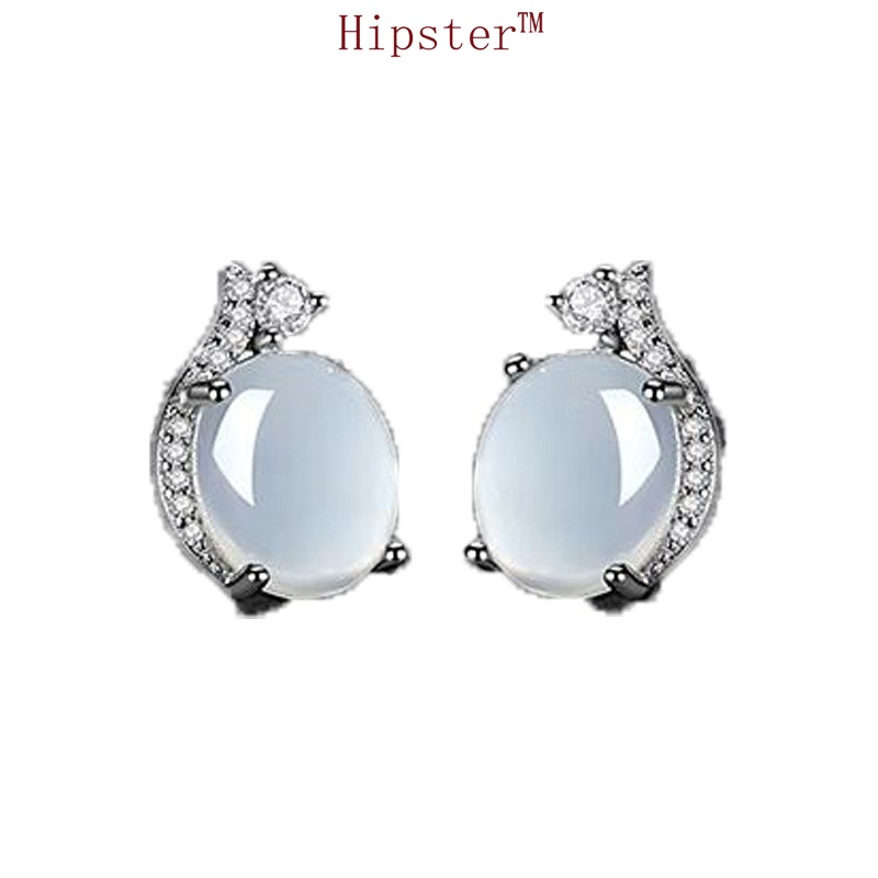 Retro Elegant Hetian White Jade Platinum Micro Inlaid with Diamond Stud Earrings