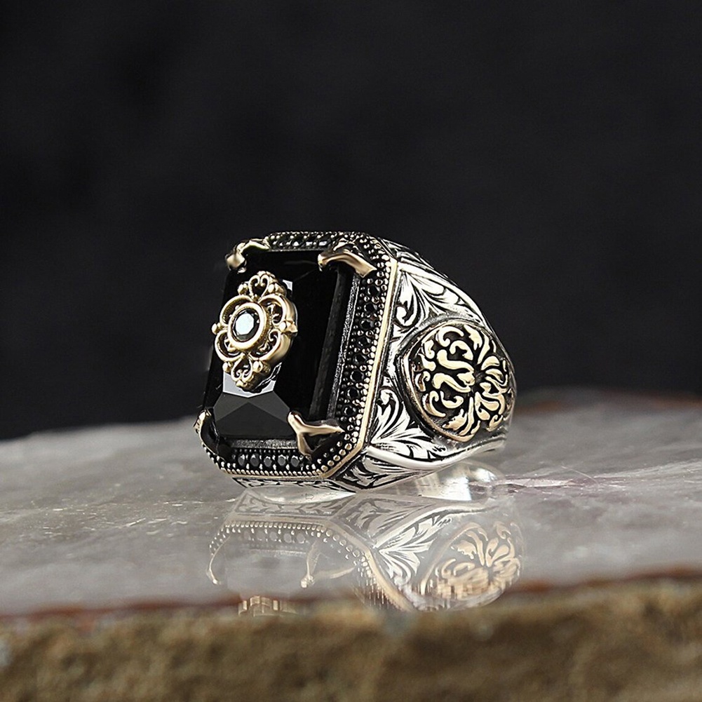 Cincin Handmade Gaya Vintage Turki Bahan Zirkon Warna Hitam Untuk Pria Muslim