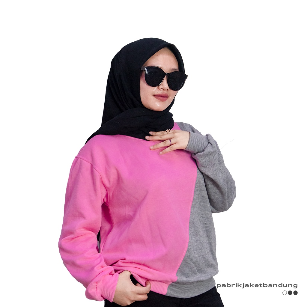 Slash Sweatshirt Kombinasi PINK_ABU || SWEATER  CRAWNECK BASIC WANITA FASHIONABLE