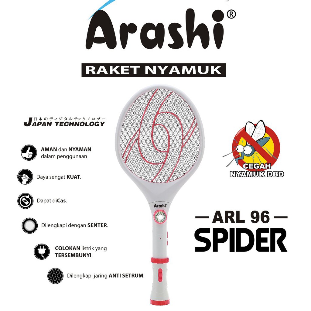 Arashi Raket Nyamuk Electric ARL 96X Spider + 2 Senter LED Rechargeable - Random