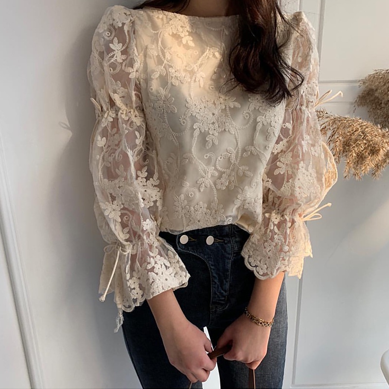 #Sisjuly# Wanita Perancis Vintage Bordir Renda Crochet Top Gaya Barat Dasi Belakang Berkobar Lengan Kemeja Wan