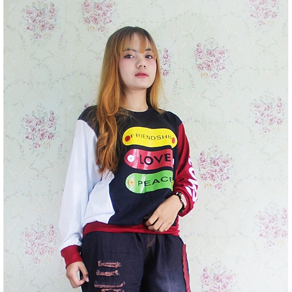 Atasan Wanita Zolaqu Navy Kombinasi Kaos Lengan Panjang Wanita Trendy