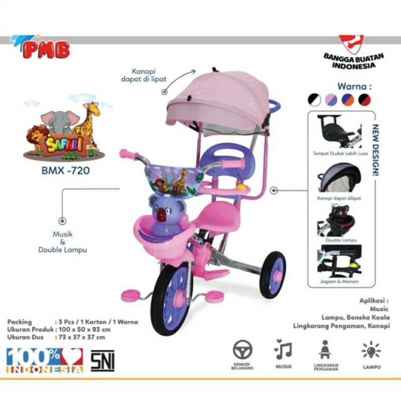 Sepeda Roda Tiga PMB BMX Safari 720 Nikel IC Music Light Koala Dorongan Stir Kemudi Sandaran Kanopi Tricycle Stroller Anak Bayi Laki