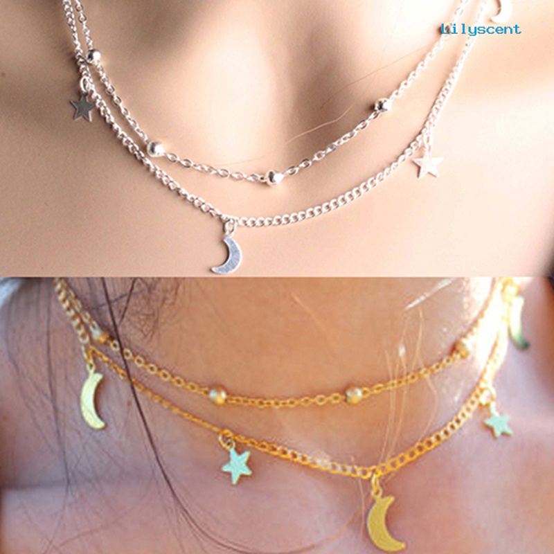 Kalung Pendek Multilayer Bentuk Bulan Sabit Dan Bintang Gaya Vintage Untuk Wanita