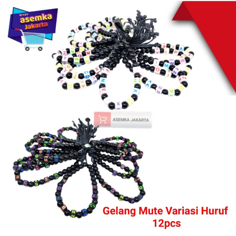 Gelang mute gelang tali hitam variasi huruf grosir 12pcs