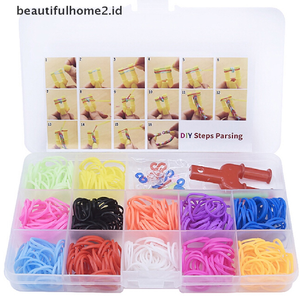 (Beautifulhome2.Id) 500pcs Karet Loom 12 Warna + Jarum + Monster Tail Untuk Membuat Gelang Diy