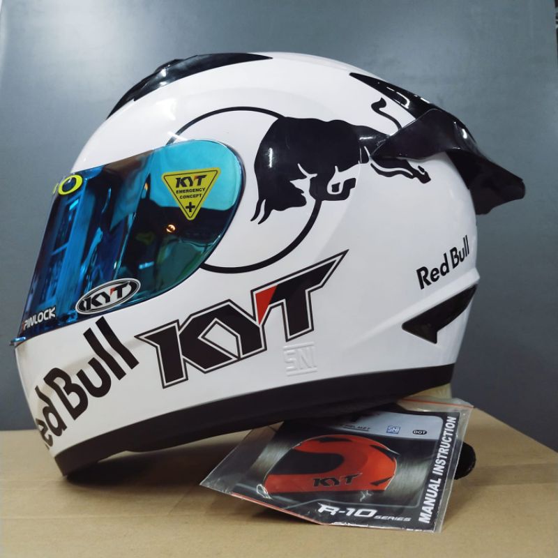 helm full face kyt r10 putih paket ganteng red bull