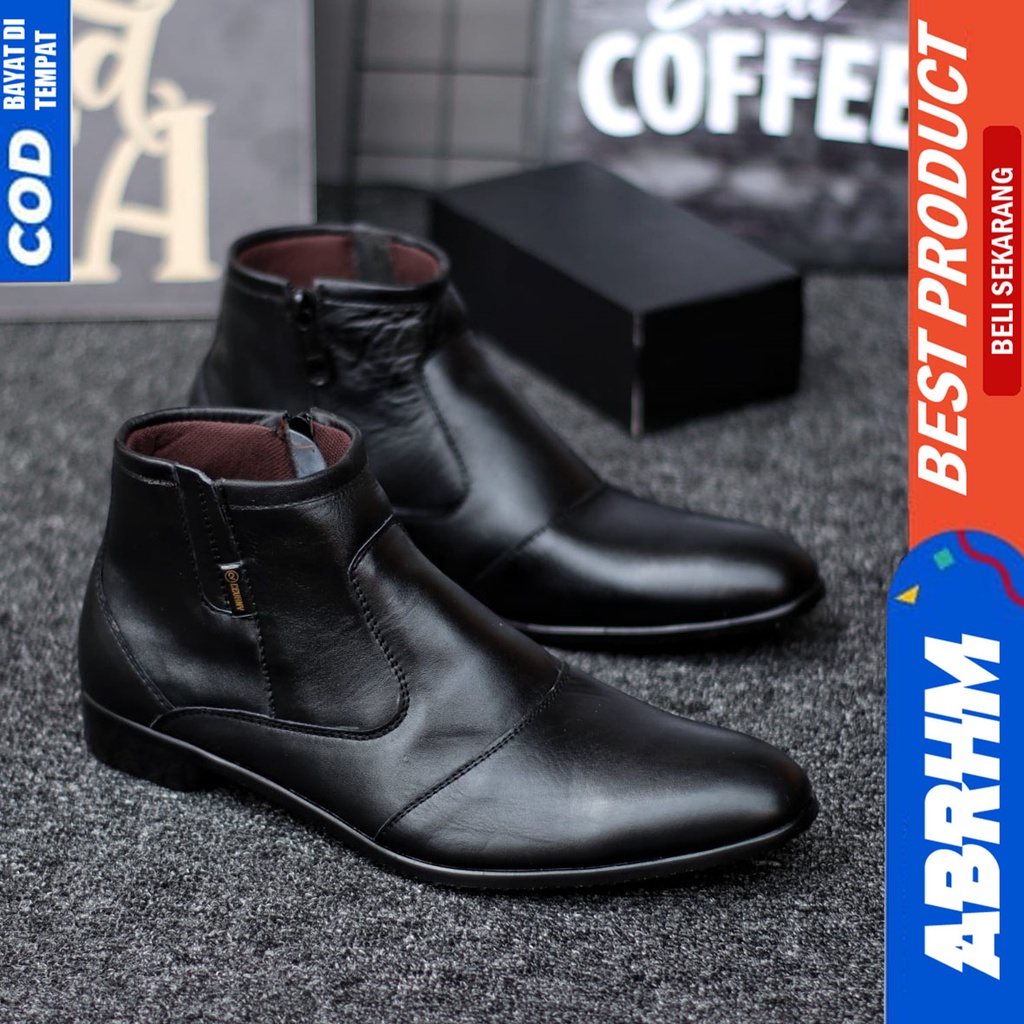 Sepatu Boots Pantofel Kulit Asli Formal Resleting Kerja Hitam Pria Abrhm Fox