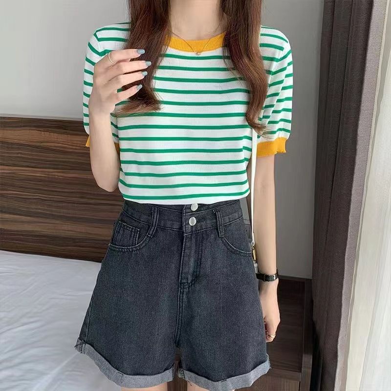 Velma Stripe T Shirt Top Knit Import - Kaos Wanita Lengan Pendek - Atasan Wanita Salur TM (B170)