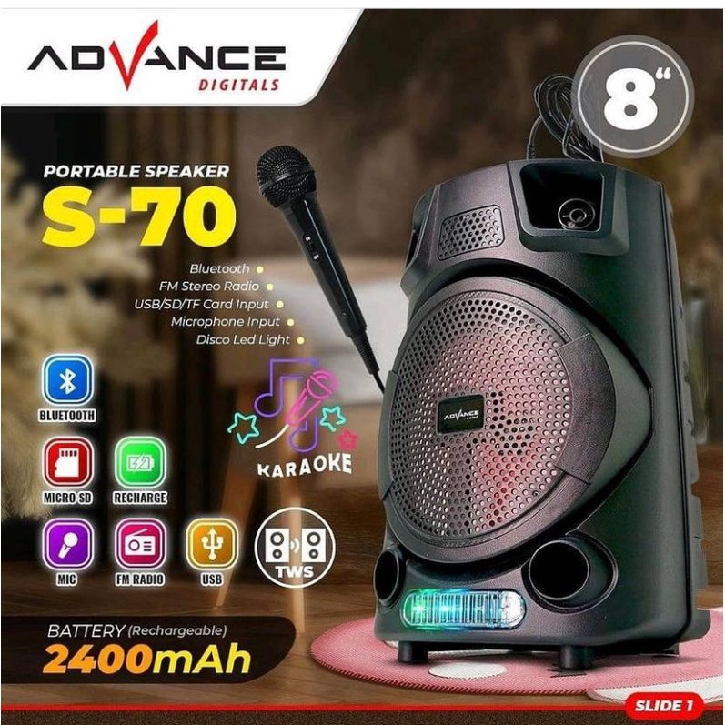 Speaker Advance S 70 KS-612 BT Bluetooth Plus Mic Karaoke Advance S70 Speaker Meeting 8" inch s70
