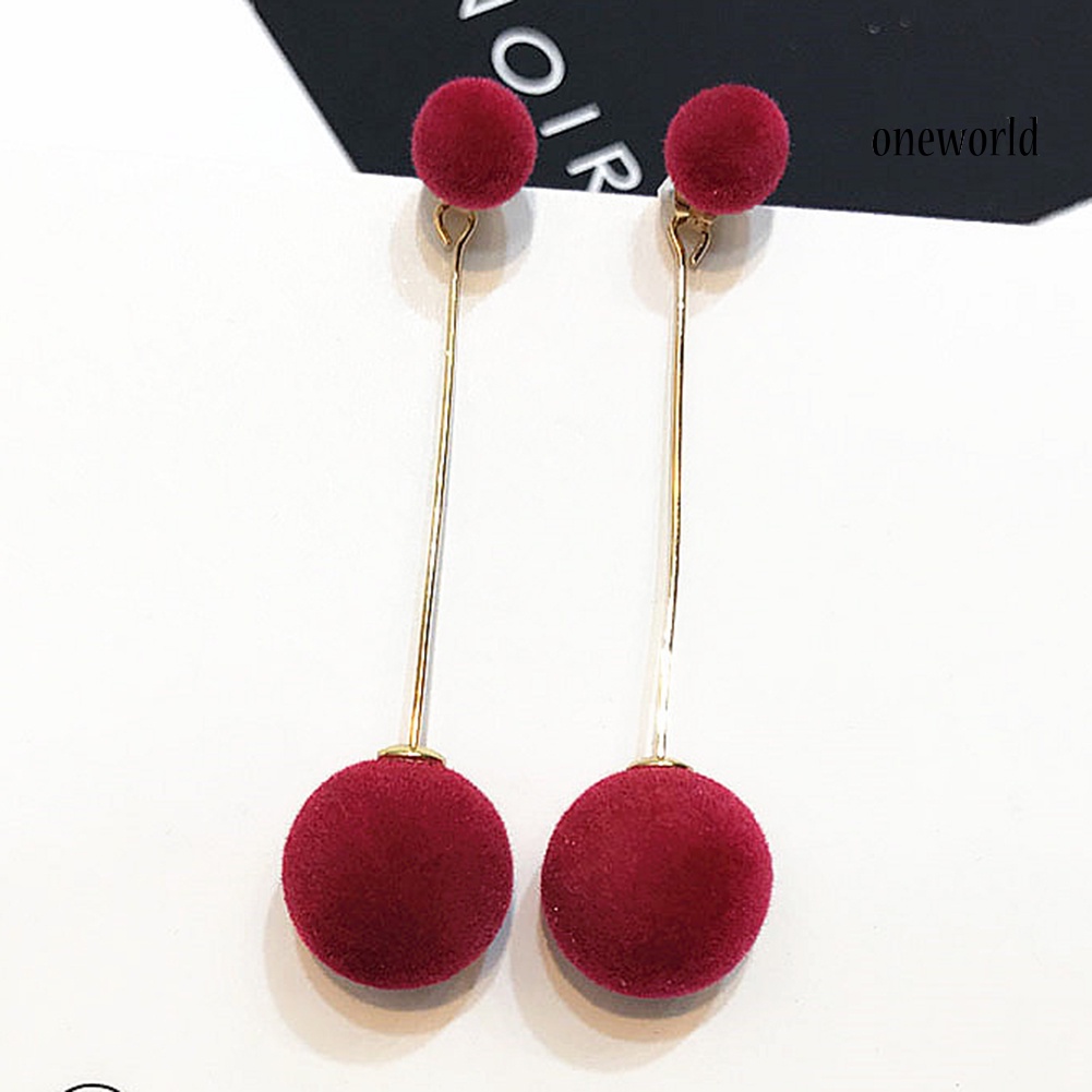 OW@ Fashion Women Double Faux Fur Ball Long Dangle Earrings Banquet Jewelry Gift