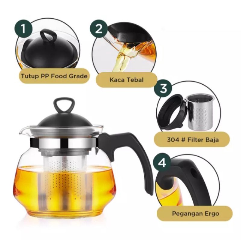 Teapot Glass Infuser 700 ML / Teko Kaca Saringan Stainless Steel