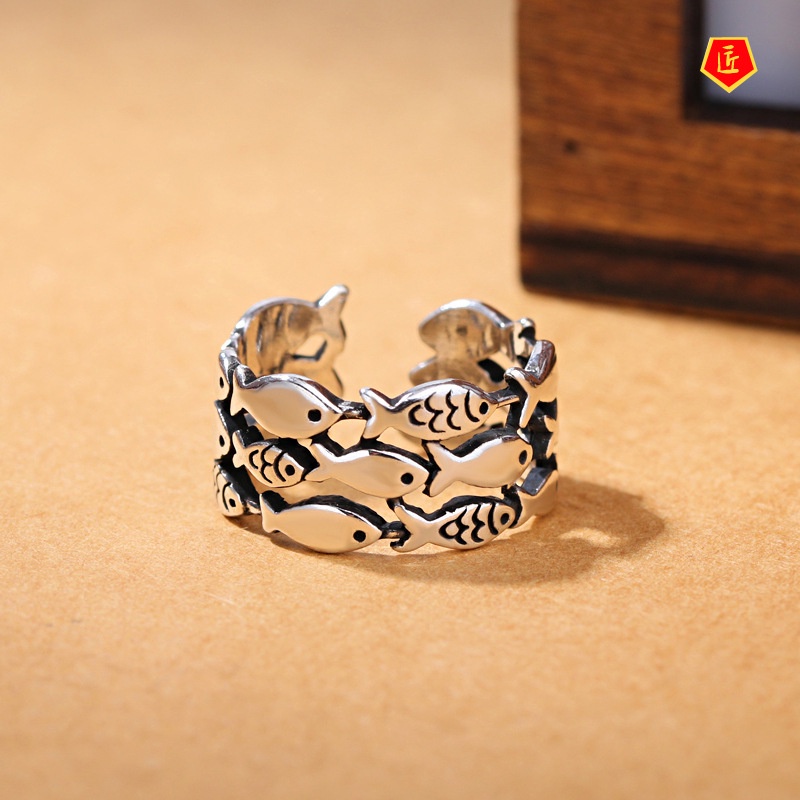 [Ready Stock]925 Silver Retro Fish Wide Ring Cute Personality