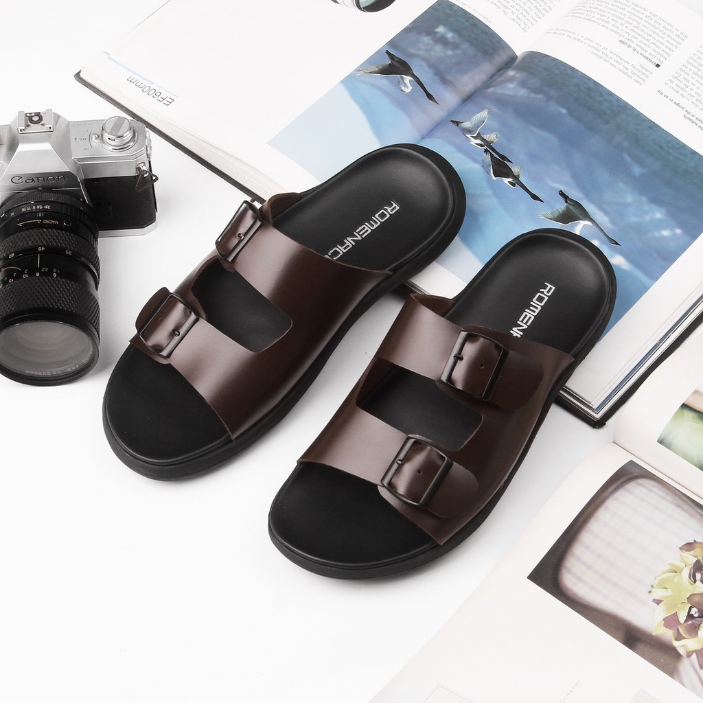 Romenaco R005 Upper Kulit Sapi Kolektif Asli Sandal Pria  Black Brown