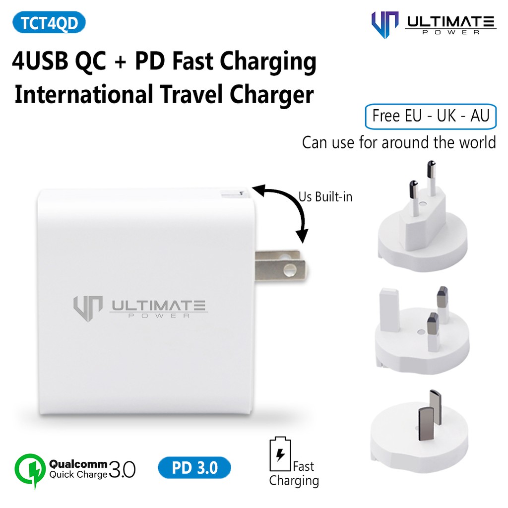 Kepala Charger Ultimate Power 4USB QC+PD Fast Charging International Travel Charger original100%