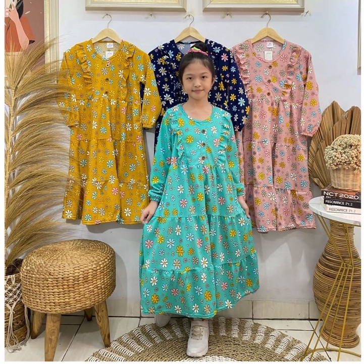 Gamis anak perempuan rempel ruffle dada model kancing motif bunga kenikir lengan karet wudhu bahan v