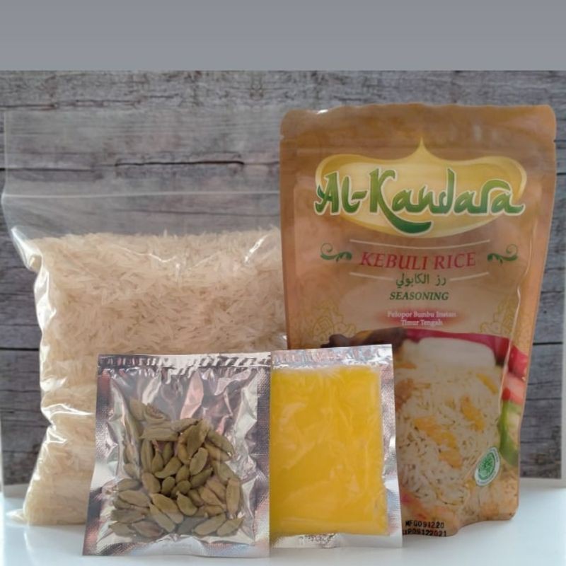 

Paket Nasi Kebuli Briyani Mandhi Bukhori Kabsah instant Alkandara komplit Dengan beras basmati 1kg