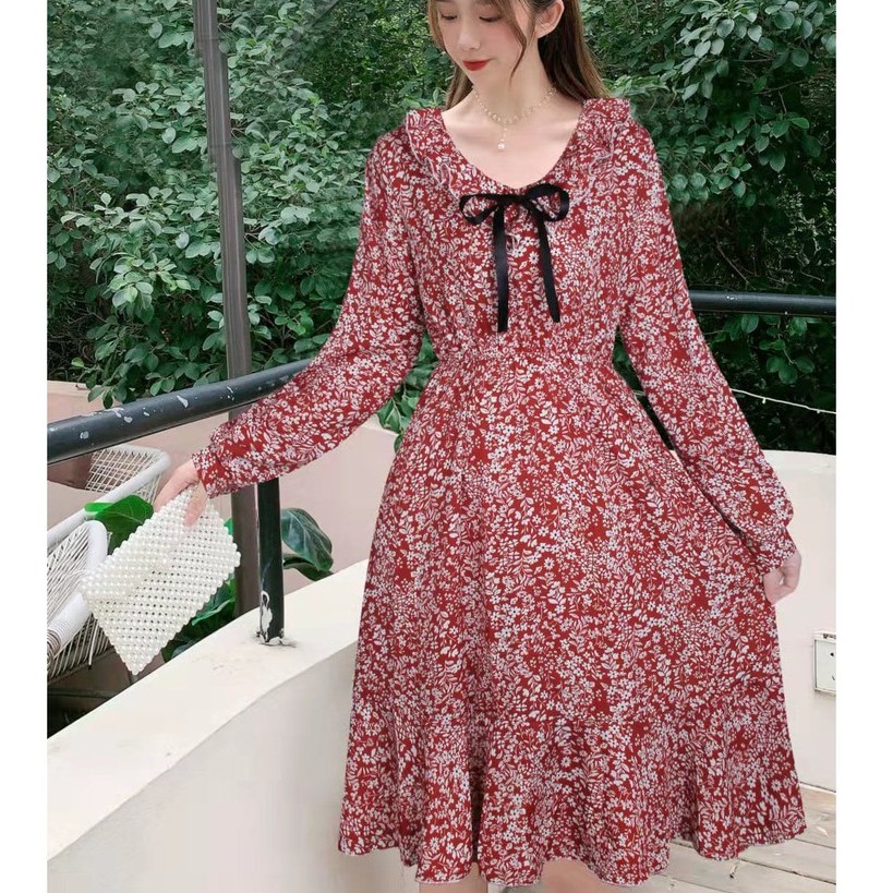 Gaun Wanita Motif Floral Dress Vintage Korean Style 9920 - 9925-FLORAL2