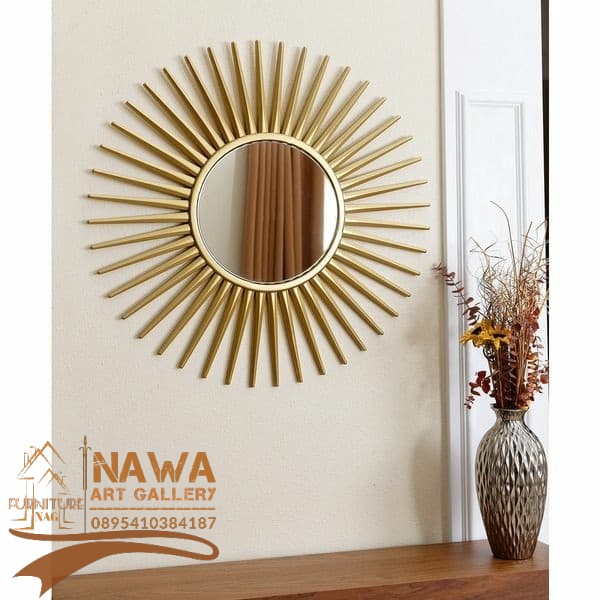mirror matahari dari kayu jati solid/mirror gantung /ceemin dinding - gold 19NAG