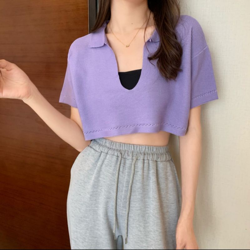 4951 Atasan Rajut lengan pendek polos Lilac import wanita Baju rajut pendek polos import wanita Baru